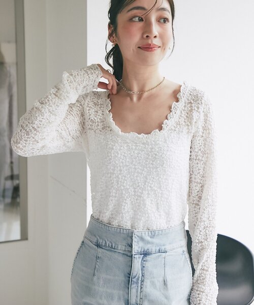 La boutique BonBon（ラブティックボンボン）の「レースストレッチ前後２WAYプルオーバー（Tシャツ/カットソー・レディース・オフホワイト/ブラック・FREE）」の13枚目の写真