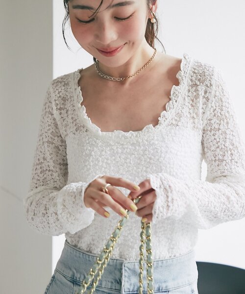 La boutique BonBon（ラブティックボンボン）の「レースストレッチ前後２WAYプルオーバー（Tシャツ/カットソー・レディース・オフホワイト/ブラック・FREE）」の14枚目の写真