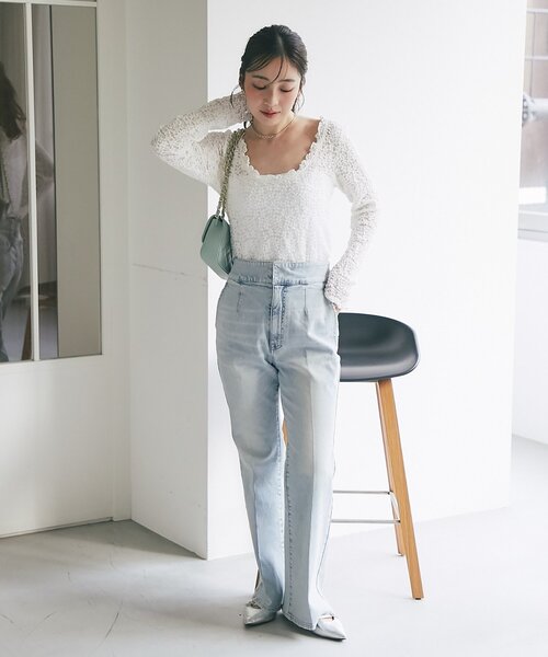 La boutique BonBon（ラブティックボンボン）の「レースストレッチ前後２WAYプルオーバー（Tシャツ/カットソー・レディース・オフホワイト/ブラック・FREE）」の15枚目の写真