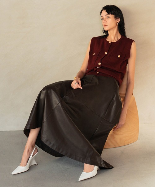 セール】【2026SS】フェイクレザースカート ロング ミディアム Aライン