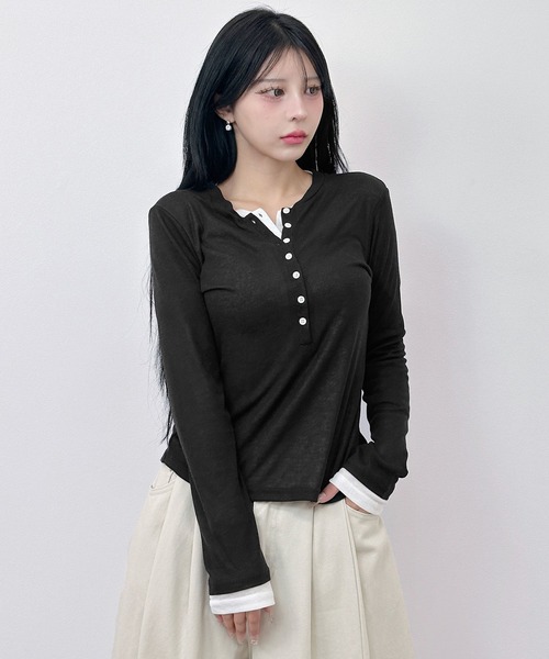 FOLLOWIN（フォロウィン）の「レイヤードヘンリー トップス（Tシャツ/カットソー・レディース・グレー/ブラック・FREE）」の15枚目の写真