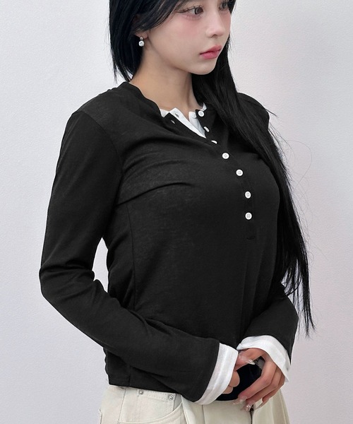 FOLLOWIN（フォロウィン）の「レイヤードヘンリー トップス（Tシャツ/カットソー・レディース・グレー/ブラック・FREE）」の18枚目の写真