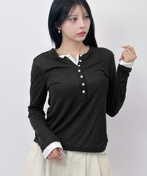 FOLLOWIN（フォロウィン）の「レイヤードヘンリー トップス（Tシャツ/カットソー・レディース・グレー/ブラック・FREE）」の19枚目の写真