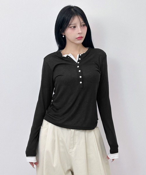 FOLLOWIN（フォロウィン）の「レイヤードヘンリー トップス（Tシャツ/カットソー・レディース・グレー/ブラック・FREE）」の20枚目の写真