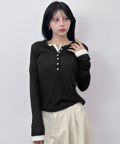FOLLOWIN（フォロウィン）の「レイヤードヘンリー トップス（Tシャツ/カットソー・レディース・グレー/ブラック・FREE）」の21枚目の写真