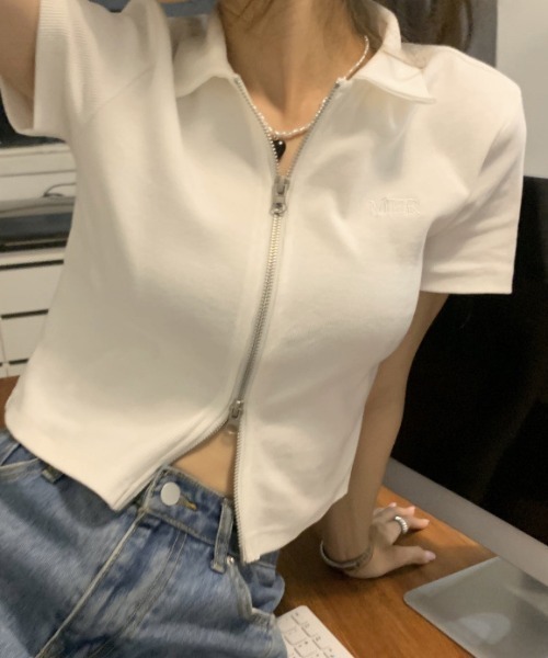 SHEPP(シープ)の「【26年春夏新作】オープンカラーダブルジップ半袖トップス(Tシャツ/カットソー・レディース・ホワイト/ブラウン/ピンク/グレー・L/M)」の5枚目の写真
