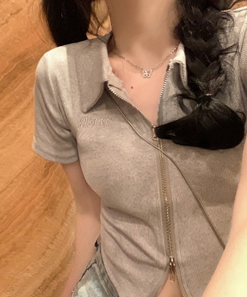 SHEPP(シープ)の「【26年春夏新作】オープンカラーダブルジップ半袖トップス(Tシャツ/カットソー・レディース・ホワイト/ブラウン/ピンク/グレー・L/M)」の9枚目の写真