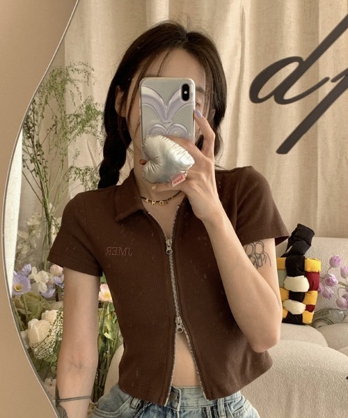 SHEPP(シープ)の「【26年春夏新作】オープンカラーダブルジップ半袖トップス(Tシャツ/カットソー・レディース・ホワイト/ブラウン/ピンク/グレー・L/M)」の12枚目の写真