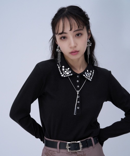 HARE（ハレ）の「ビジューポロリブカットソー(HARE)（Tシャツ/カットソー・レディース・ブラック/ライトグレー・FREE）」の2枚目の写真