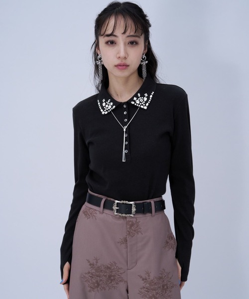 HARE（ハレ）の「ビジューポロリブカットソー(HARE)（Tシャツ/カットソー・レディース・ブラック/ライトグレー・FREE）」の3枚目の写真