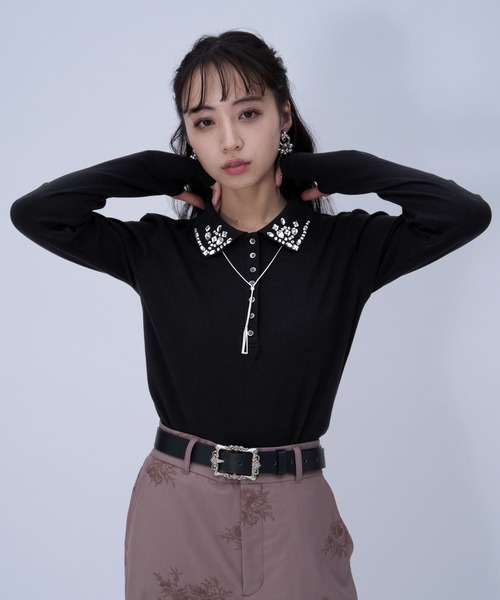 HARE（ハレ）の「ビジューポロリブカットソー(HARE)（Tシャツ/カットソー・レディース・ブラック/ライトグレー・FREE）」の5枚目の写真