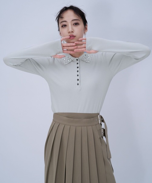 HARE（ハレ）の「ビジューポロリブカットソー(HARE)（Tシャツ/カットソー・レディース・ブラック/ライトグレー・FREE）」の18枚目の写真