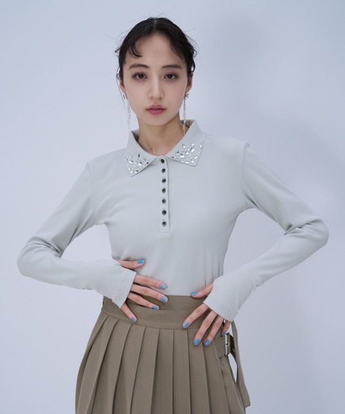 HARE（ハレ）の「ビジューポロリブカットソー(HARE)（Tシャツ/カットソー・レディース・ブラック/ライトグレー・FREE）」の20枚目の写真