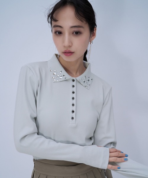 HARE（ハレ）の「ビジューポロリブカットソー(HARE)（Tシャツ/カットソー・レディース・ブラック/ライトグレー・FREE）」の21枚目の写真