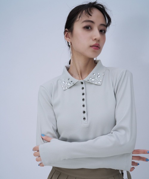 HARE（ハレ）の「ビジューポロリブカットソー(HARE)（Tシャツ/カットソー・レディース・ブラック/ライトグレー・FREE）」の22枚目の写真