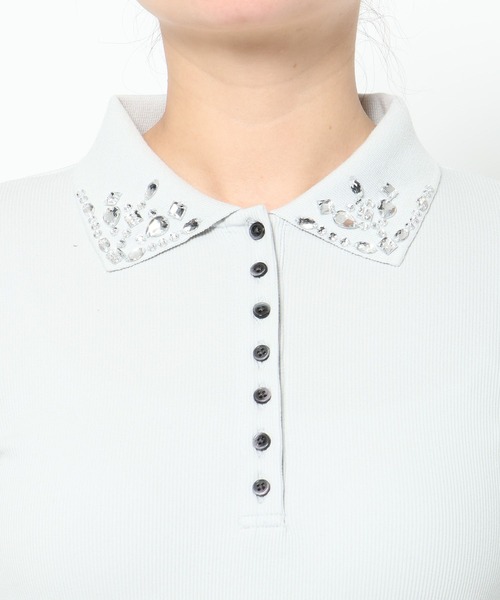 HARE（ハレ）の「ビジューポロリブカットソー(HARE)（Tシャツ/カットソー・レディース・ブラック/ライトグレー・FREE）」の14枚目の写真