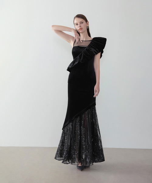 セール】【LEJA LUXE】2WAYアシンメトリーフリルベロアマーメイド