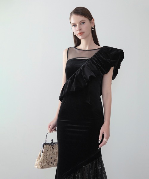 セール】【LEJA LUXE】2WAYアシンメトリーフリルベロアマーメイド