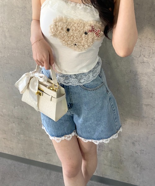 Mejoul（メジュール）の「【2026春夏新作】ハイウエスト レース デニムショートパンツ（デニムパンツ・レディース・ブラック/ブルー・M/L）」の3枚目の写真