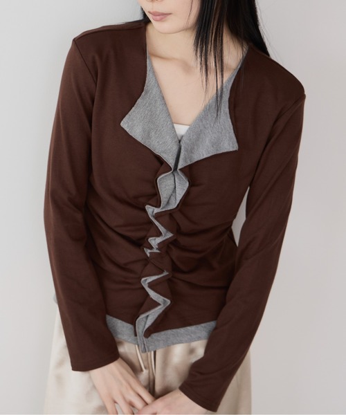 Siel(シエル)の「フェイクレイヤード切り替えギャザートップス(Tシャツ/カットソー・レディース・グレー/ブラック/ブラウン・FREE)」の3枚目の写真
