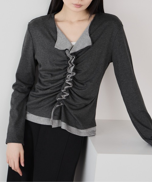 Siel(シエル)の「フェイクレイヤード切り替えギャザートップス(Tシャツ/カットソー・レディース・グレー/ブラック/ブラウン・FREE)」の2枚目の写真