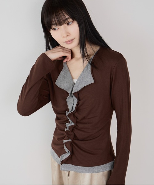 Siel(シエル)の「フェイクレイヤード切り替えギャザートップス(Tシャツ/カットソー・レディース・グレー/ブラック/ブラウン・FREE)」の10枚目の写真