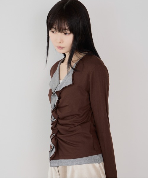 Siel(シエル)の「フェイクレイヤード切り替えギャザートップス(Tシャツ/カットソー・レディース・グレー/ブラック/ブラウン・FREE)」の15枚目の写真