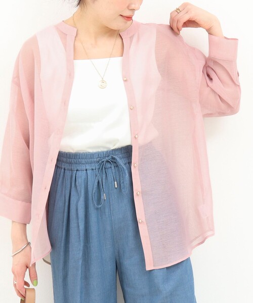 MICO COULIER（ミコクリエ）の「シアーリネンライク配色後ろリボンシャツ（シャツ/ブラウス・レディース・マスタード/ブルー/ベビーピンク・38）」の5枚目の写真