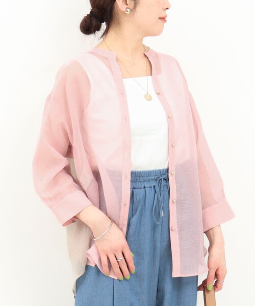 MICO COULIER（ミコクリエ）の「シアーリネンライク配色後ろリボンシャツ（シャツ/ブラウス・レディース・マスタード/ブルー/ベビーピンク・38）」の8枚目の写真