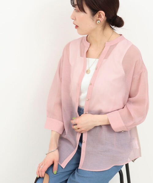 MICO COULIER（ミコクリエ）の「シアーリネンライク配色後ろリボンシャツ（シャツ/ブラウス・レディース・マスタード/ブルー/ベビーピンク・38）」の11枚目の写真