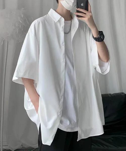 link lot(リンクロット)の「とろみ素材ルーズベーシックシャツ / ビッグシルエットTシャツ(シャツ/ブラウス・メンズ・ホワイト/ブラック/サックスブルー・M/L)」の2枚目の写真