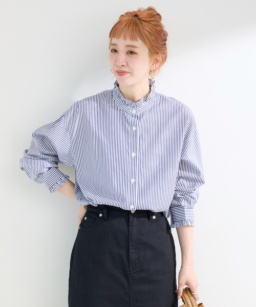 B.C STOCK(ベーセーストック)の「《追加7》【WEB限定】手洗い可 / スタンドフリルブラウス(シャツ/ブラウス・レディース・ブラック系その他/ネイビー・FREE)」の12枚目の写真