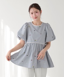 バルーン袖フルーツ刺繍ペプラムトップス