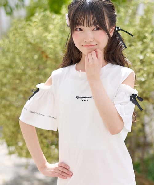 オープンショルダー リボン×ロゴプリント 半袖 Tシャツ/カットソー（T