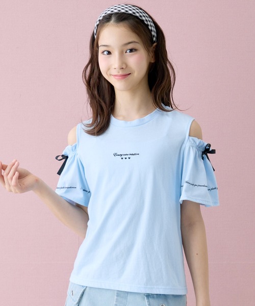 x*i様 カーリングリボンロゴプリントカットソー オープンショルダー リボン×ロゴプリント 半袖 Tシャツ/カットソー（T