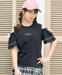 Amourire girl（アムリールガール）の「オープンショルダー リボン×ロゴプリント 半袖 Tシャツ/カットソー（Tシャツ/カットソー）」