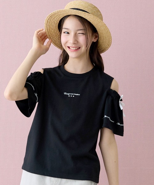 オープンショルダー リボン×ロゴプリント 半袖 Tシャツ/カットソー（T