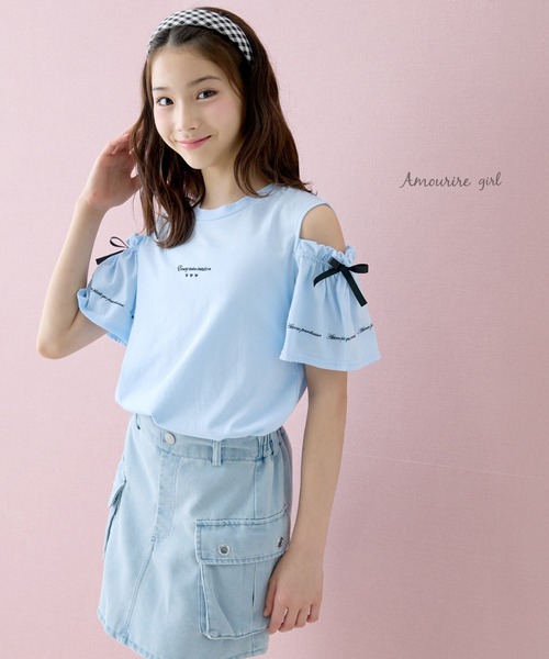 Amourire girl(アムリールガール)の「オープンショルダー リボン×ロゴプリント 半袖 Tシャツ/カットソー(Tシャツ/カットソー・キッズ・ライトパープル/ブラック/ホワイト/サックスブルー・160cm/150cm/140cm/130cm)」の22枚目の写真