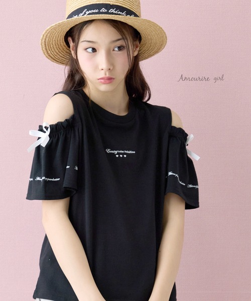 Amourire girl(アムリールガール)の「オープンショルダー リボン×ロゴプリント 半袖 Tシャツ/カットソー(Tシャツ/カットソー・キッズ・ライトパープル/ブラック/ホワイト/サックスブルー・160cm/150cm/140cm/130cm)」の11枚目の写真