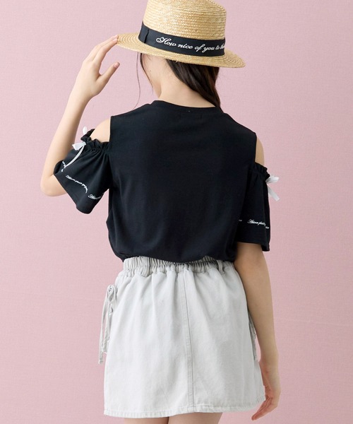 Amourire girl(アムリールガール)の「オープンショルダー リボン×ロゴプリント 半袖 Tシャツ/カットソー(Tシャツ/カットソー・キッズ・ライトパープル/ブラック/ホワイト/サックスブルー・160cm/150cm/140cm/130cm)」の15枚目の写真