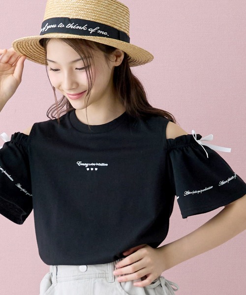 Amourire girl(アムリールガール)の「オープンショルダー リボン×ロゴプリント 半袖 Tシャツ/カットソー(Tシャツ/カットソー・キッズ・ライトパープル/ブラック/ホワイト/サックスブルー・160cm/150cm/140cm/130cm)」の16枚目の写真