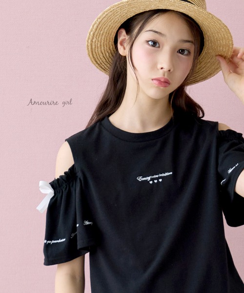 Amourire girl(アムリールガール)の「オープンショルダー リボン×ロゴプリント 半袖 Tシャツ/カットソー(Tシャツ/カットソー・キッズ・ライトパープル/ブラック/ホワイト/サックスブルー・160cm/150cm/140cm/130cm)」の17枚目の写真