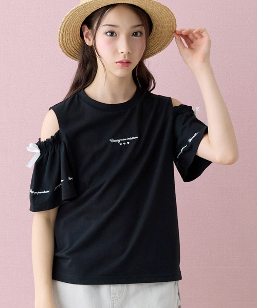 Amourire girl(アムリールガール)の「オープンショルダー リボン×ロゴプリント 半袖 Tシャツ/カットソー(Tシャツ/カットソー・キッズ・ライトパープル/ブラック/ホワイト/サックスブルー・160cm/150cm/140cm/130cm)」の18枚目の写真