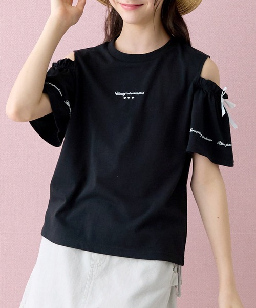 Amourire girl(アムリールガール)の「オープンショルダー リボン×ロゴプリント 半袖 Tシャツ/カットソー(Tシャツ/カットソー・キッズ・ライトパープル/ブラック/ホワイト/サックスブルー・160cm/150cm/140cm/130cm)」の19枚目の写真