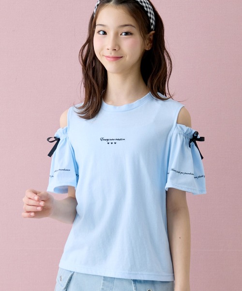 Amourire girl(アムリールガール)の「オープンショルダー リボン×ロゴプリント 半袖 Tシャツ/カットソー(Tシャツ/カットソー・キッズ・ライトパープル/ブラック/ホワイト/サックスブルー・160cm/150cm/140cm/130cm)」の7枚目の写真