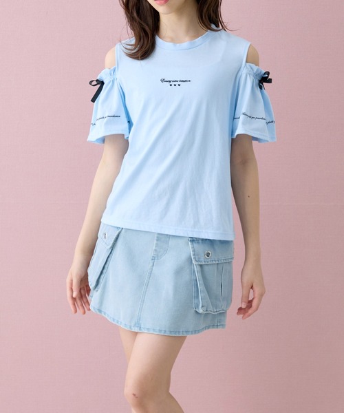 Amourire girl(アムリールガール)の「オープンショルダー リボン×ロゴプリント 半袖 Tシャツ/カットソー(Tシャツ/カットソー・キッズ・ライトパープル/ブラック/ホワイト/サックスブルー・160cm/150cm/140cm/130cm)」の21枚目の写真