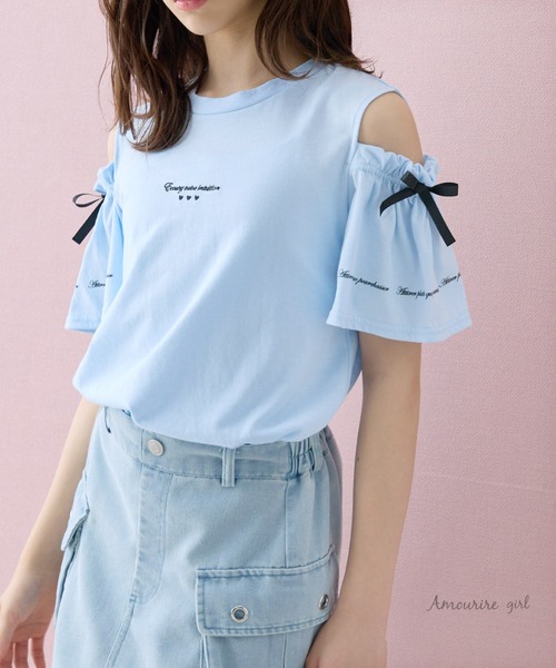 Amourire girl(アムリールガール)の「オープンショルダー リボン×ロゴプリント 半袖 Tシャツ/カットソー(Tシャツ/カットソー・キッズ・ライトパープル/ブラック/ホワイト/サックスブルー・160cm/150cm/140cm/130cm)」の6枚目の写真