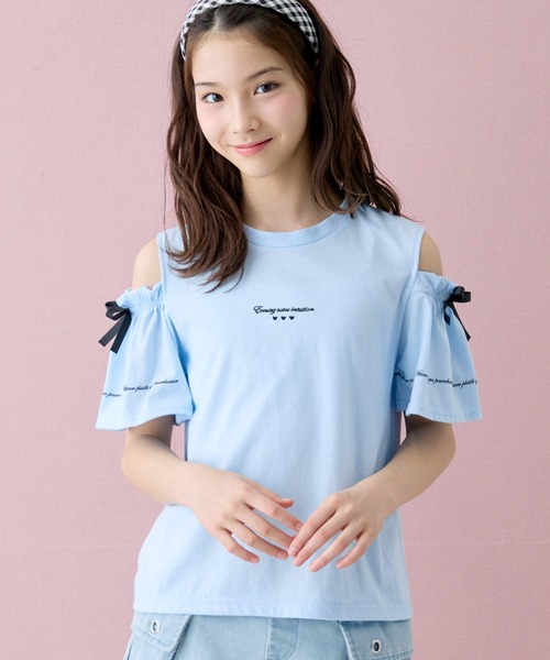 Amourire girl(アムリールガール)の「オープンショルダー リボン×ロゴプリント 半袖 Tシャツ/カットソー(Tシャツ/カットソー・キッズ・ライトパープル/ブラック/ホワイト/サックスブルー・160cm/150cm/140cm/130cm)」の20枚目の写真