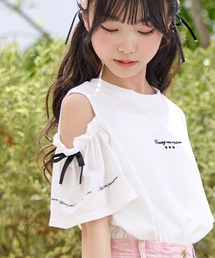 Amourire girl（アムリールガール）の「オープンショルダー リボン×ロゴプリント 半袖 Tシャツ/カットソー（Tシャツ/カットソー）」