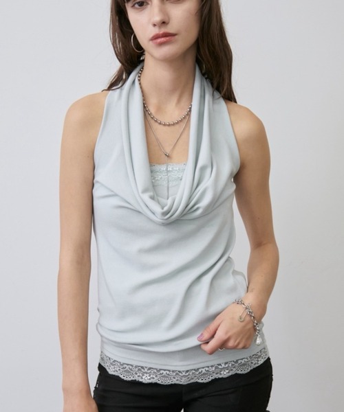 Rohwel(ローウェル)の「Lace Trim 2way Drape Halter Top / レーストリム2wayドレープホルタートップス(タンクトップ・レディース・ライトブルー/ブラック/ホワイト・FREE)」の2枚目の写真